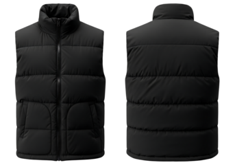 Black puffer vest mockup, front and back view, sleeveless jacket. Isolated on transparent background, png