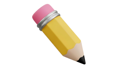 A classic yellow number two pencil with a pink eraser, rendered in a cute 3D cartoon style. Isolated object on a white background for educational or creative concepts.