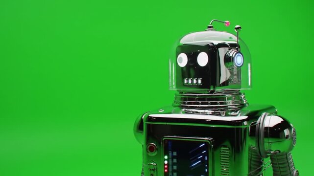 Classic retro-style robot with a glass dome helmet isolated on a green chroma key background, representing vintage science fiction