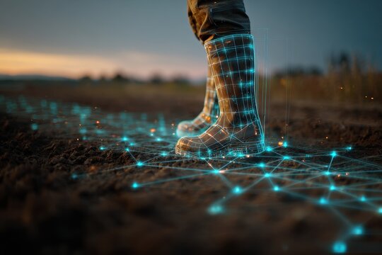 Person in boots walking on a field, overlaid with digital network