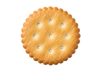 Single round golden brown biscuit cracker with scalloped edges. Isolated on transparent background, png