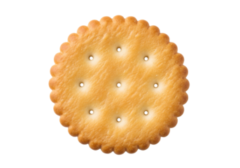 Single round golden brown biscuit cracker with scalloped edges. Isolated on transparent background, png