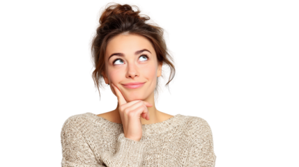 Thoughtful woman in a cozy sweater, pondering ideas with a smile, isolated on a white background.