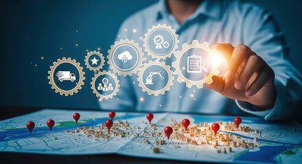 Supply Chain Management Concept: Man Touching Gear Icon Over Map with Location Pins
