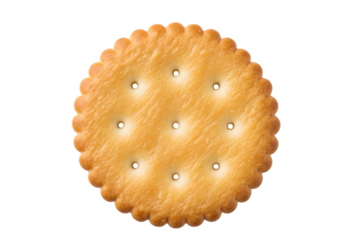 Single round golden brown biscuit cracker with scalloped edges. Isolated on transparent background, png