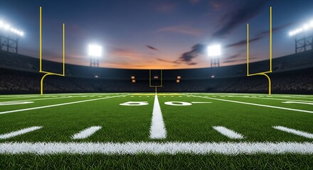 Empty Football Field at Dusk with Goalposts and Stadium Lights