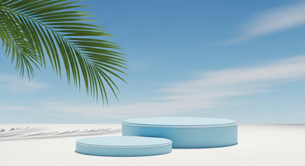 Tropical Paradise Beach Scene with Palm Fronds and Blue Podiums for Product Display Summer Vibes and Serene Sky