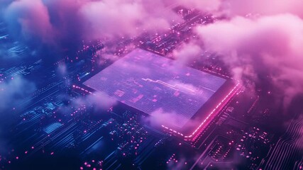 Cloud computing processing data on motherboard with futuristic purple lights - Powered by Adobe