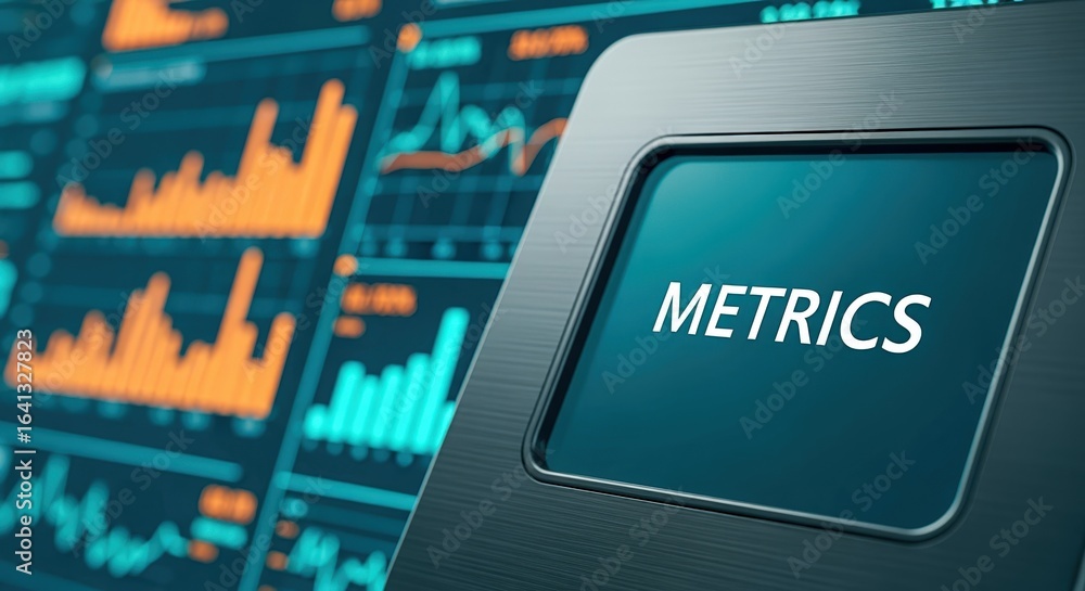 Poster metrics display on screen shows data analysis and performance measurement in business and finance