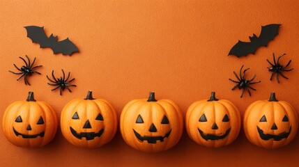 Halloween festival honoring tradition with pumpkins and bats in a vibrant orange flat lay