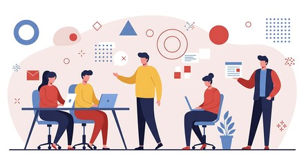 Corporate team collaborating in a creative workspace. Vector illustration of business people in a meeting, discussing project strategy.