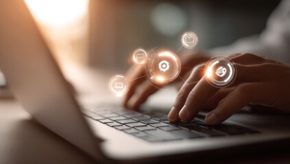 Close-up of hands typing on laptop with digital interface overlay