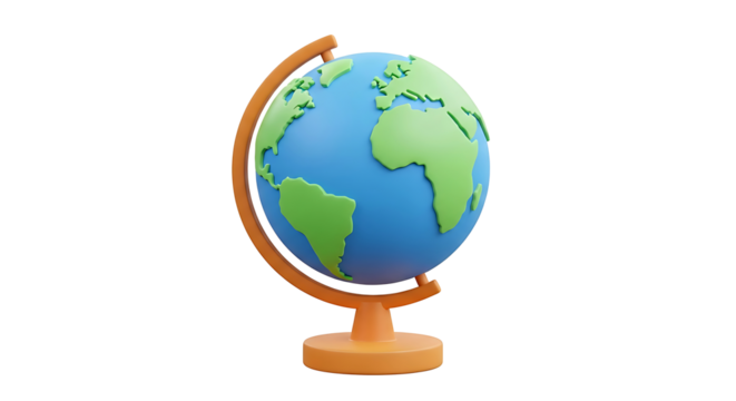 Stylized 3D terrestrial globe model for education and geography. Planet Earth icon representing global travel and communication concepts.