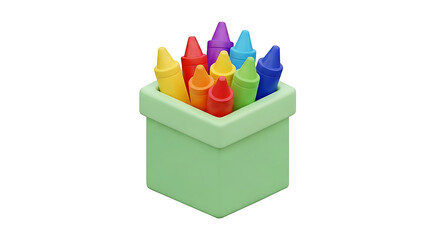 A vibrant set of colorful wax crayons in a green holder, symbolizing creativity and childhood art. 3D render isolated on white.