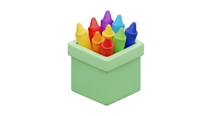 A vibrant set of colorful wax crayons in a green holder, symbolizing creativity and childhood art. 3D render isolated on white.