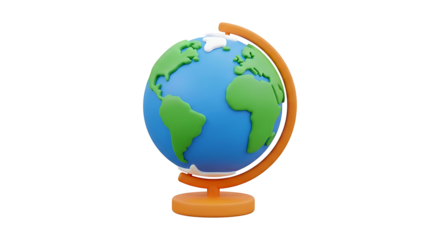 3D render of a stylized world globe on a stand. Minimalist planet Earth icon for travel, geography, and global concepts.