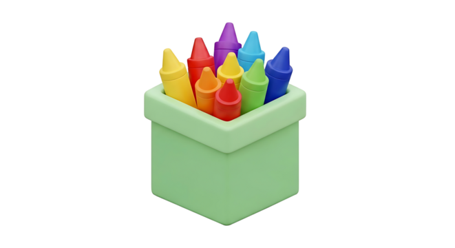 A vibrant set of colorful wax crayons in a green holder, symbolizing creativity and childhood art. 3D render isolated on white.