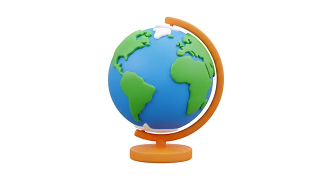 3D render of a stylized world globe on a stand. Minimalist planet Earth icon for travel, geography, and global concepts.