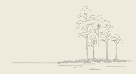 Minimalist illustration featuring pine trees and tranquil water scenery in nature