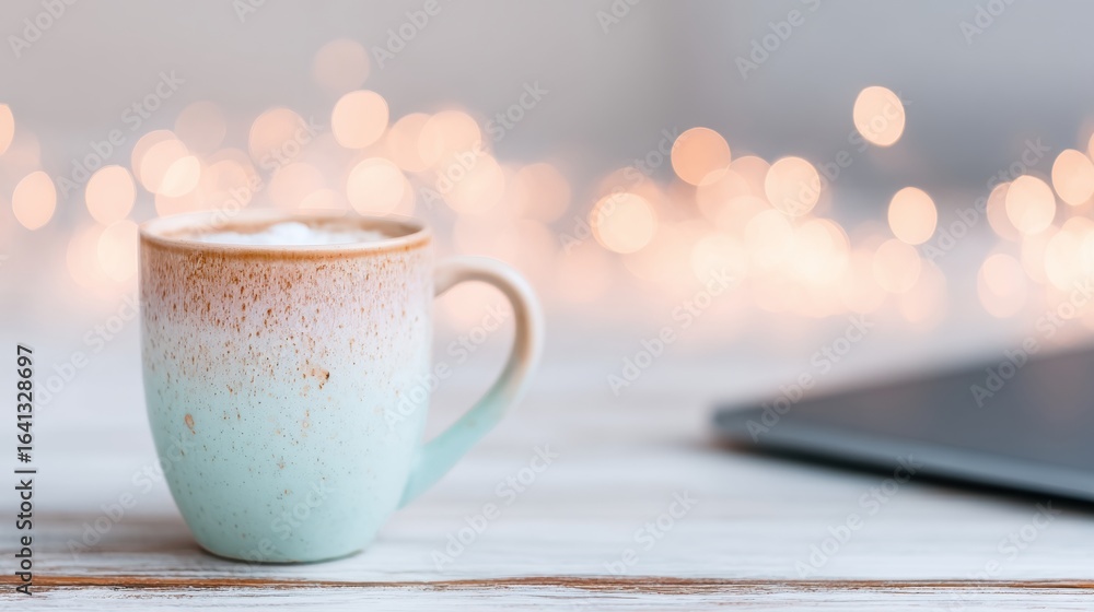 Poster warm beverage in a cozy setting with soft bokeh lights behind