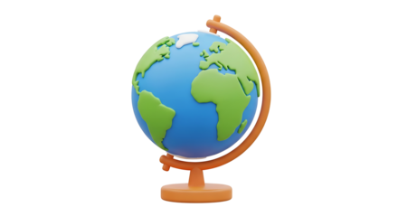Minimalist 3D illustration of a stylized planet Earth globe on a stand. Global education, travel, and environmental concept isolated on white.