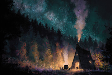 Fototapeta premium A witch’s cottage deep in the forest with cauldron smoke rising under a magical night sky.
