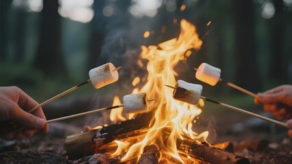 Hands roasting marshmallows over a campfire in a forest setting