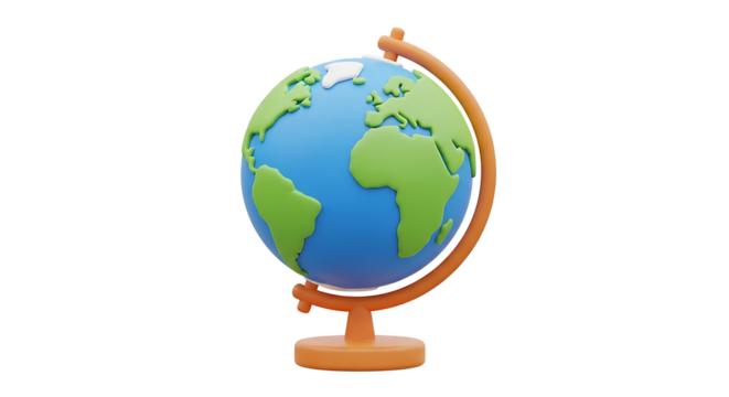 Minimalist 3D illustration of a stylized planet Earth globe on a stand. Global education, travel, and environmental concept isolated on white.