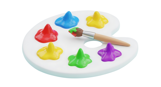 A 3D illustration of a painter's palette with vibrant colorful paints and a brush, representing creativity and artistic hobbies.
