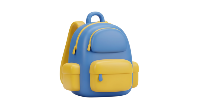 A 3D render of a blue and yellow backpack icon, symbolizing education, school supplies, and student travel on an isolated background.