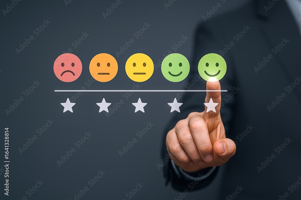 Poster customer experience feedback: hand selecting a top rating for satisfaction and positive review on in
