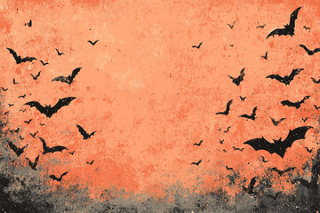 Fototapeta premium A vintage Halloween postcard-style background in orange and black with bats and stars.