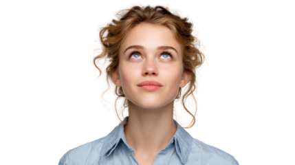 Young woman looking up with a thoughtful expression on her face, isolated on white background.