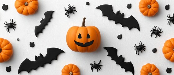Halloween festival honor the spooky spirit with pumpkins and bats in a minimalist flat lay display