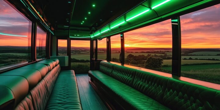 Luxury Party Bus at Sunset: Breathtaking Countryside Views