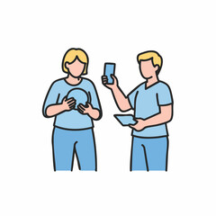 Vector Art of Two People Engaging with Technology, One Holding a Phone and the Other a Tablet for Blogs, Websites, Education, Digital Content, and Awareness  