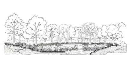 Hand-drawn landscape architectural design of a natural swimming pond and wetland ecosystem