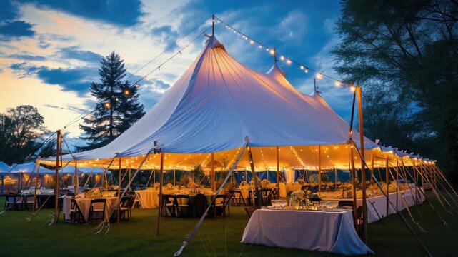 A large white tent illuminated with string lights at dusk. Tables are set for an outdoor event. Trees are visible in the background.