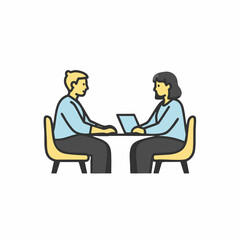 Vector Art of Two People Discussing at a Table with Laptop for Business Blogs, Team Collaboration Websites, Educational Content, and Social Media Marketing  