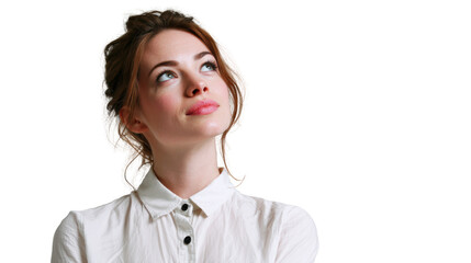 Young woman with thoughtful expression, isolated on a white background.
