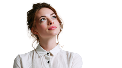 Young woman with thoughtful expression, isolated on a white background.