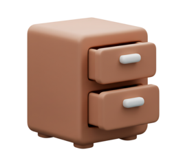 Minimalist 3D render of a small cabinet with two open drawers. Office furniture icon for data and file management.