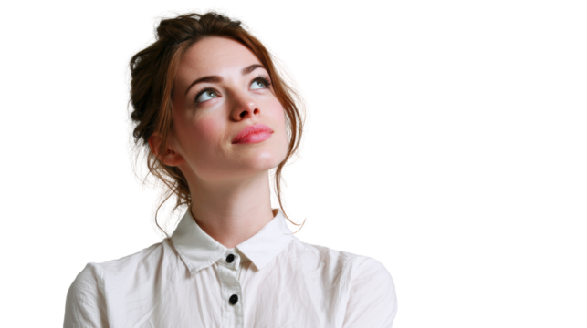 Young woman with thoughtful expression, isolated on a white background.