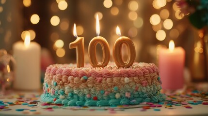 Colorful frosted birthday cake with lit "100" candles and sprinkles on table. Celebration for anniversary or 100th birthday party concept.