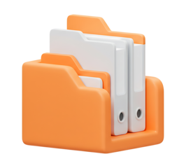 3D icon of an orange folder organizer with white document binders for business file management and data storage. Isolated illustration.