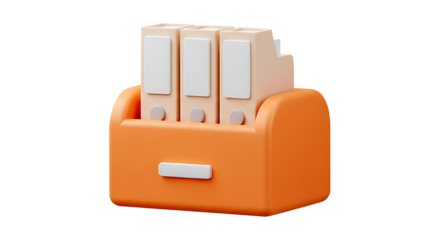 Minimalist 3D illustration of an office filing cabinet drawer with folders. This icon represents data storage, document archiving, and business organization, isolated on a white background.