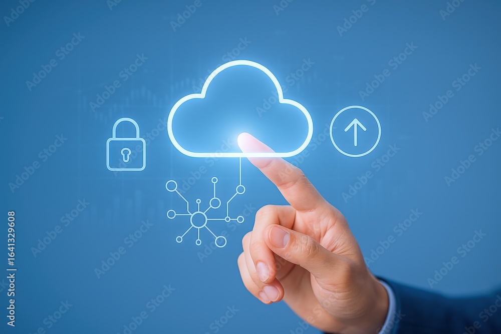 Poster cloud computing concept: man activating data storage and security systems through cloud technology o