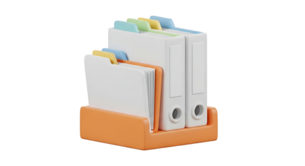 3D render of an office file organizer with binders and folders. A concept for efficient document management and data storage.