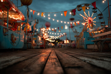 An abandoned carnival with broken rides, creepy Halloween lights, and eerie shadows.