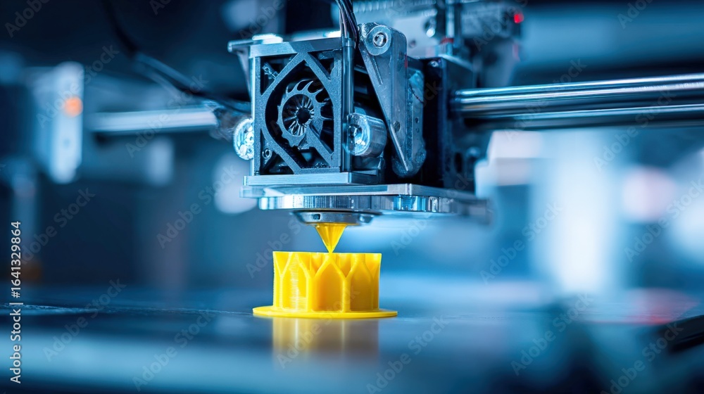 Aufkleber 3d printing process creating yellow object with precision nozzle and advanced technology equipment